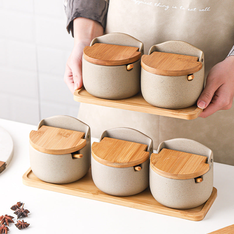 Japanese-style Ceramic Box With Lid Three-piece Set Seasoning Storage Household Salt And Sugar