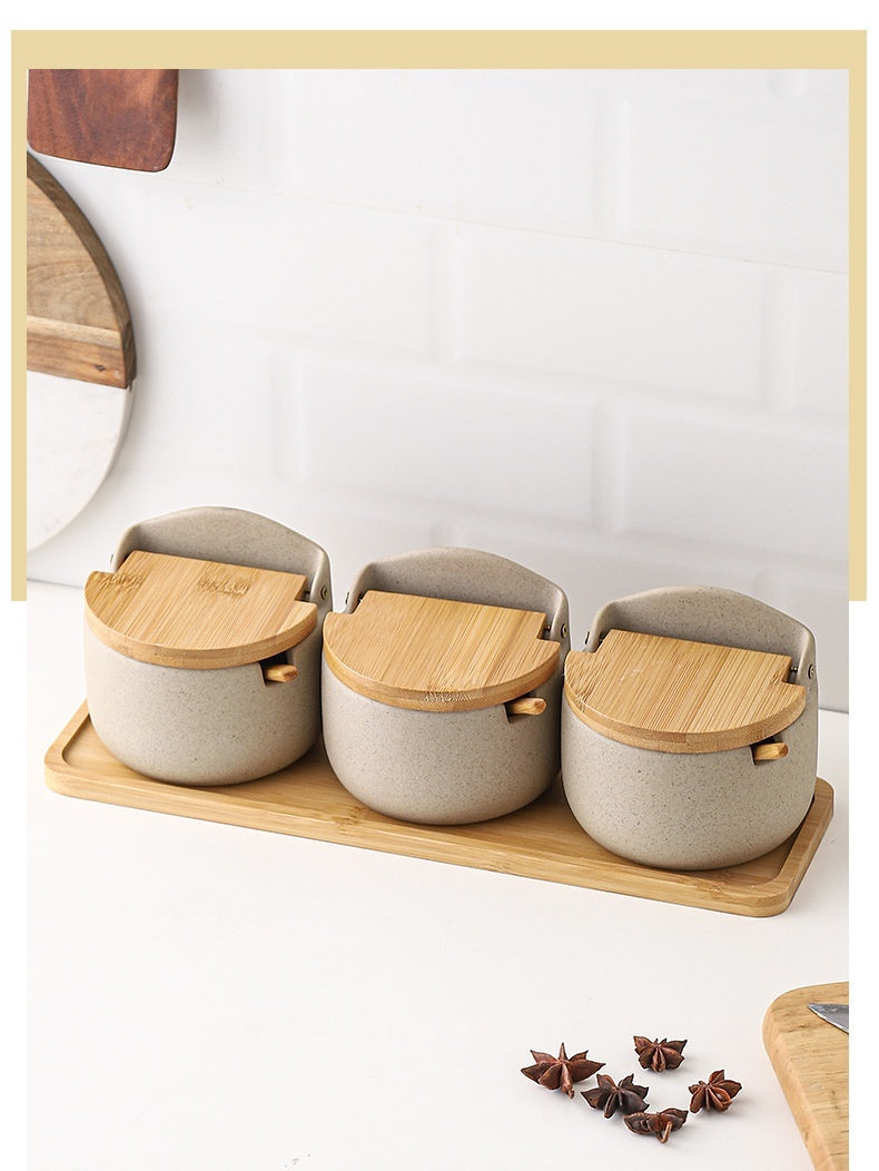 Japanese-style Ceramic Box With Lid Three-piece Set Seasoning Storage Household Salt And Sugar