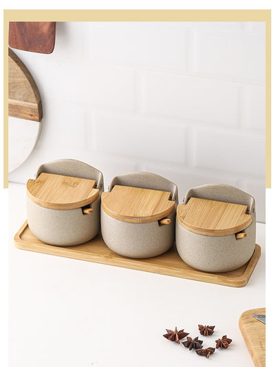 Japanese-style Ceramic Box With Lid Three-piece Set Seasoning Storage Household Salt And Sugar