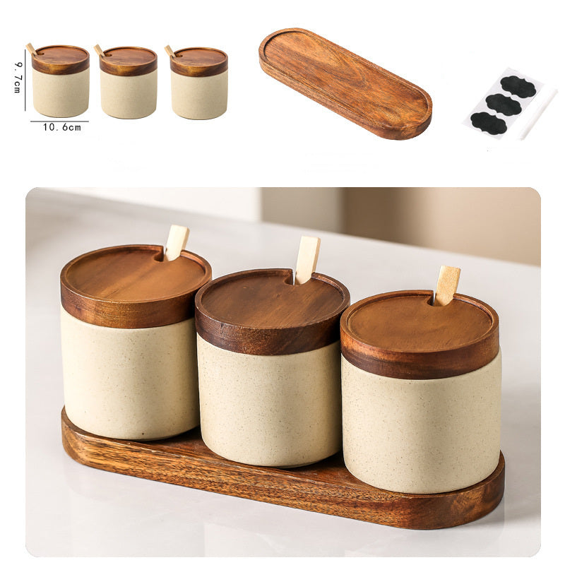 Japanese-style Ceramic Box With Lid Three-piece Set Seasoning Storage Household Salt And Sugar