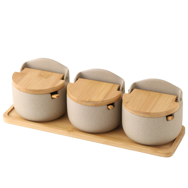 Japanese-style Ceramic Box With Lid Three-piece Set Seasoning Storage Household Salt And Sugar