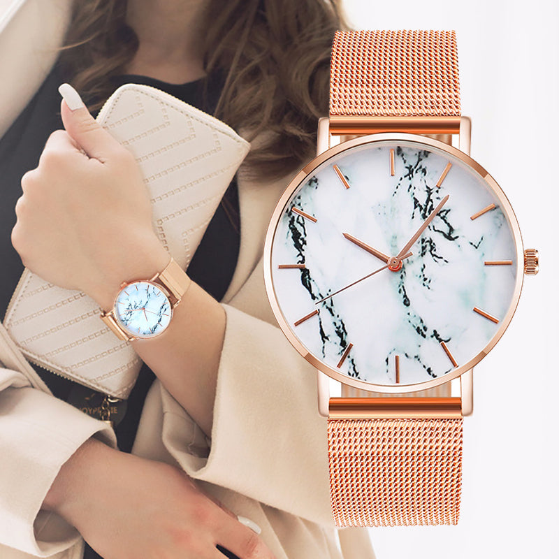 Rose Gold Mesh Band Marble Watch